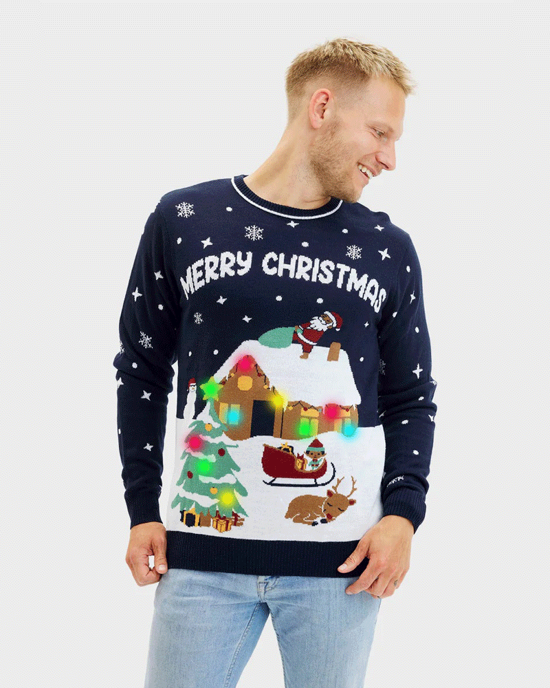 Jersey de Navidad Luces LED Hombre Azul Merry Christmas