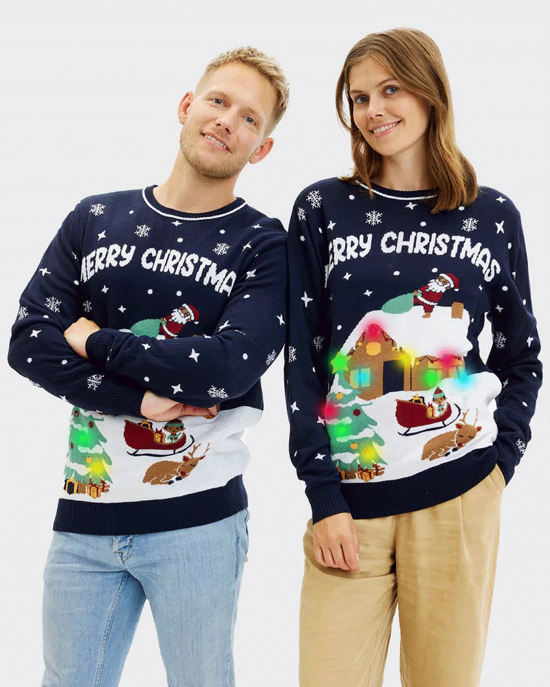Mujer Jersey de Navidad con Luces LED para Hombre Azul Merry Christmas
