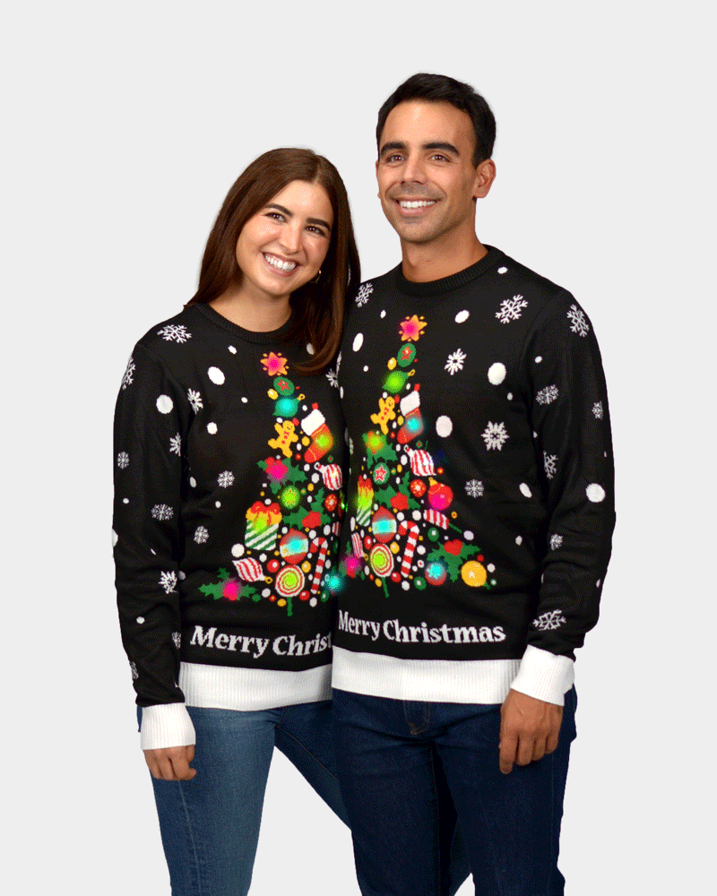 Jersey de Navidad con Luces LED para Hombre y Mujer Negro con Árbol de Navidad
