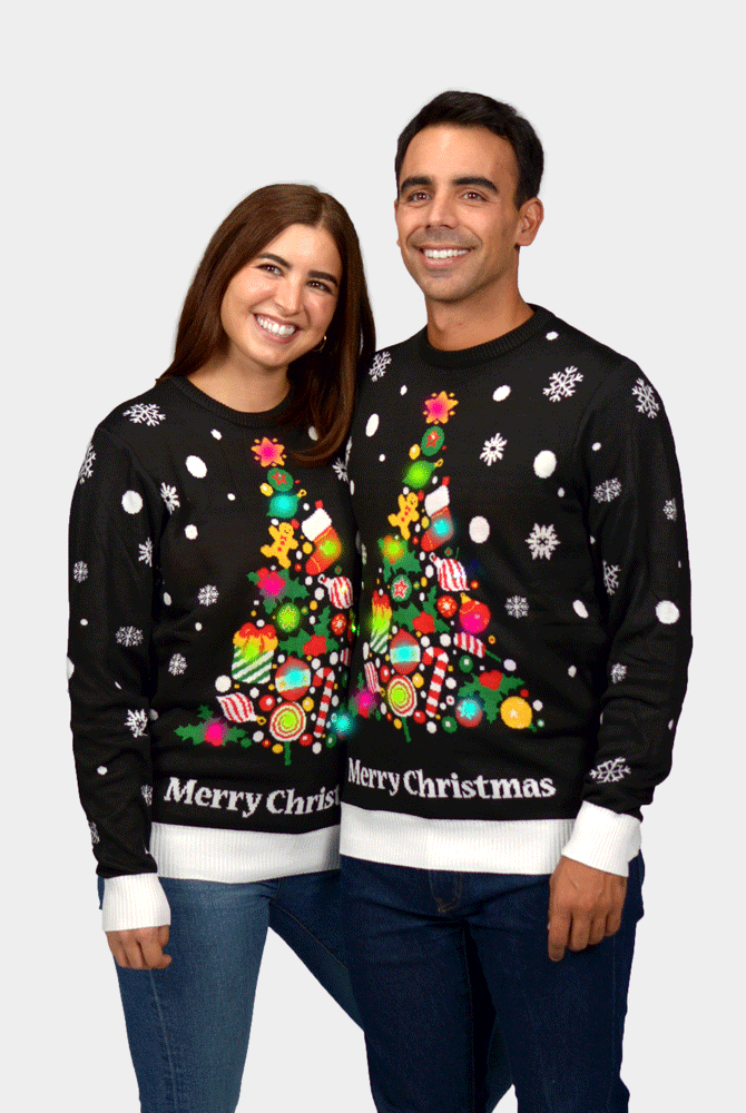Jersey de Navidad con Luces LED para Hombre y Mujer Negro con Árbol de Navidad