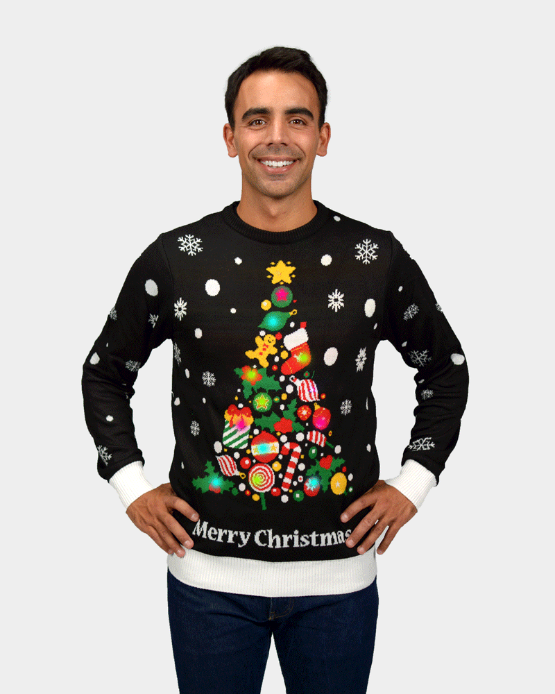 Jersey de Navidad con Luces LED para Hombre Negro con Árbol de Navidad