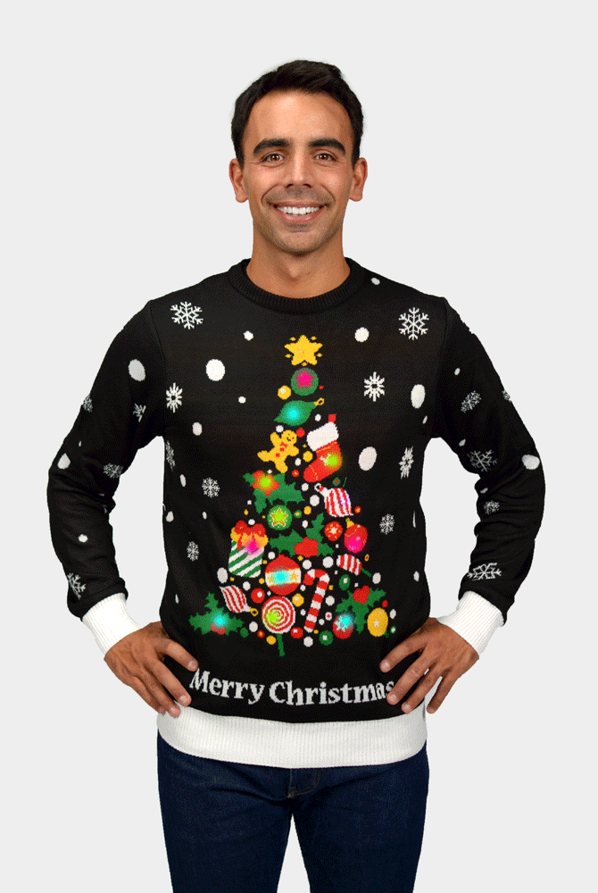 Jersey de Navidad con Luces LED para Hombre Negro con Árbol de Navidad