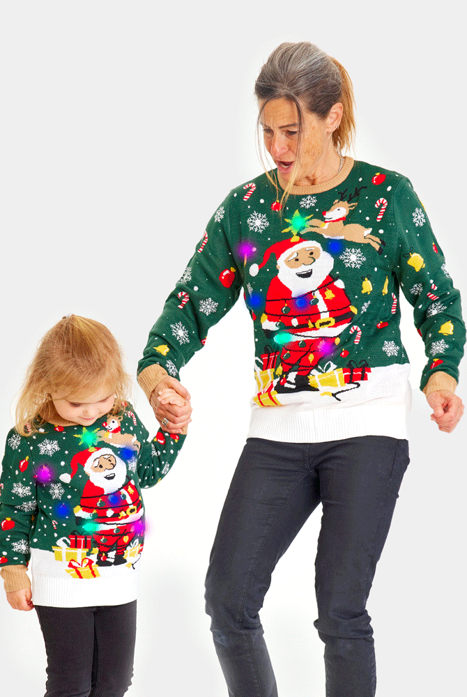 Jersey de Navidad Familia Luces LED para Mujer Papá Noel hecho un Lío