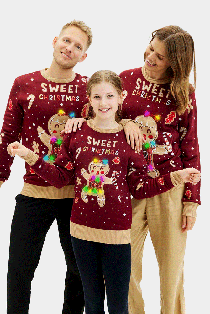 Jersey de Navidad Familia Luces LED para Mujer Rojo Ginger Cookie