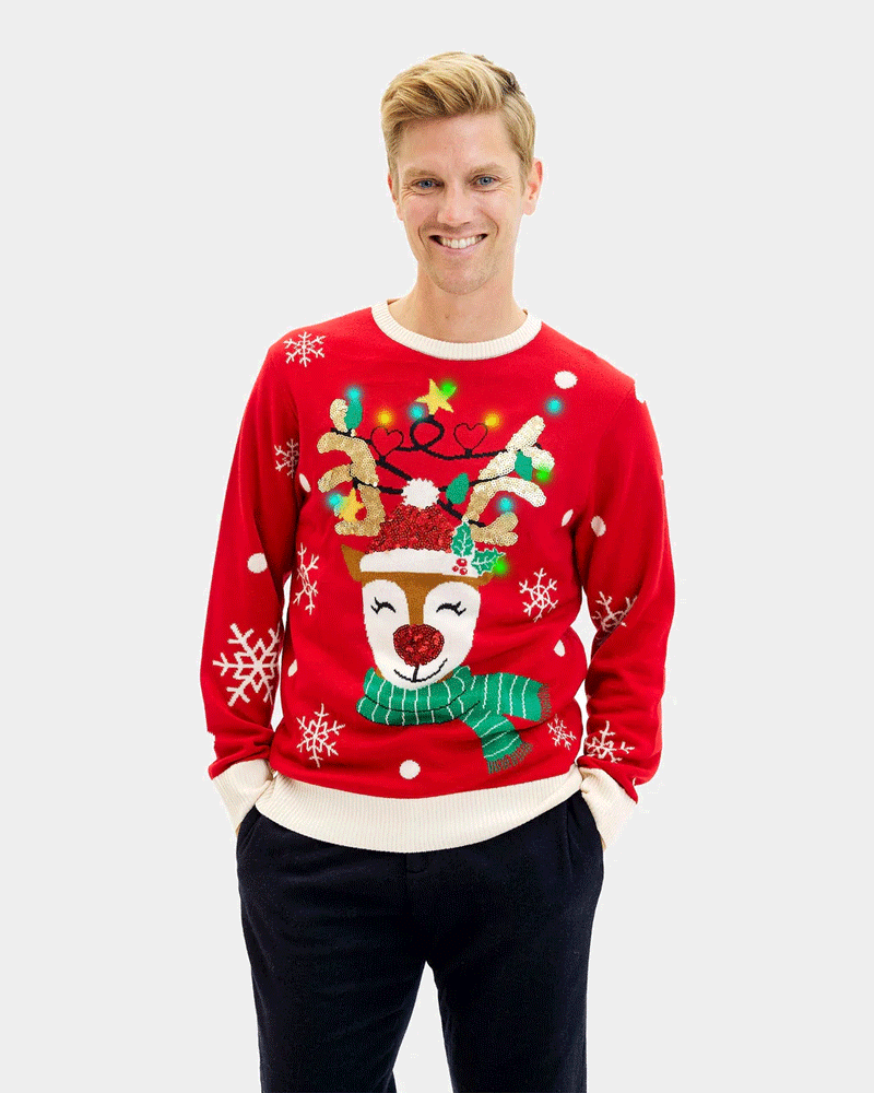 Jersey de Navidad Luces LED Familia Reno Brillante Lentejuelas Hombre