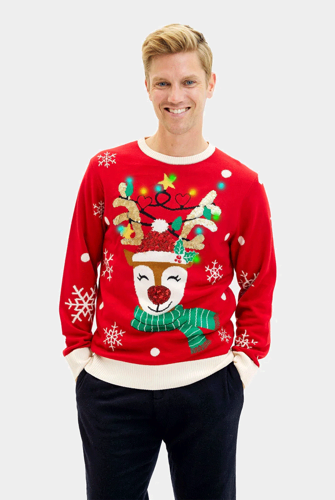 Jersey de Navidad Luces LED Familia Reno Brillante Lentejuelas Hombre