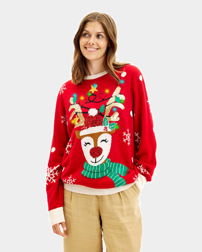 Jersey de Navidad Luces LED Familia Reno Brillante Lentejuelas Mujer