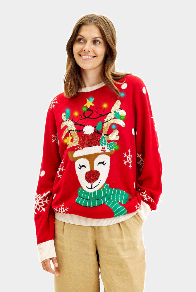 Jersey de Navidad Luces LED Familia Reno Brillante Lentejuelas Mujer