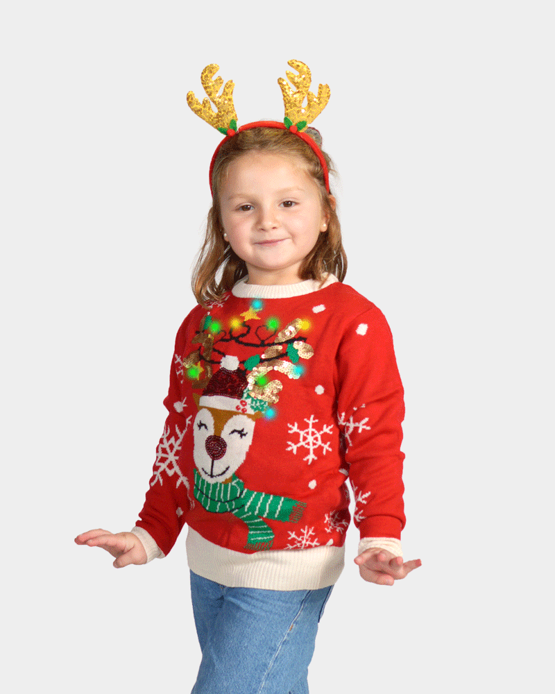 Jersey de Navidad Luces LED Familia Reno Brillante Lentejuelas Niña