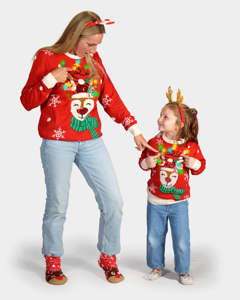 Jersey de Navidad Luces LED Familia Reno Brillante Lentejuelas
