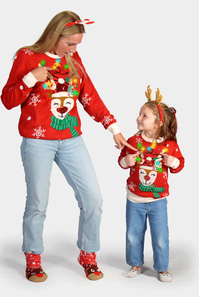 Jersey de Navidad Luces LED Familia Reno Brillante Lentejuelas