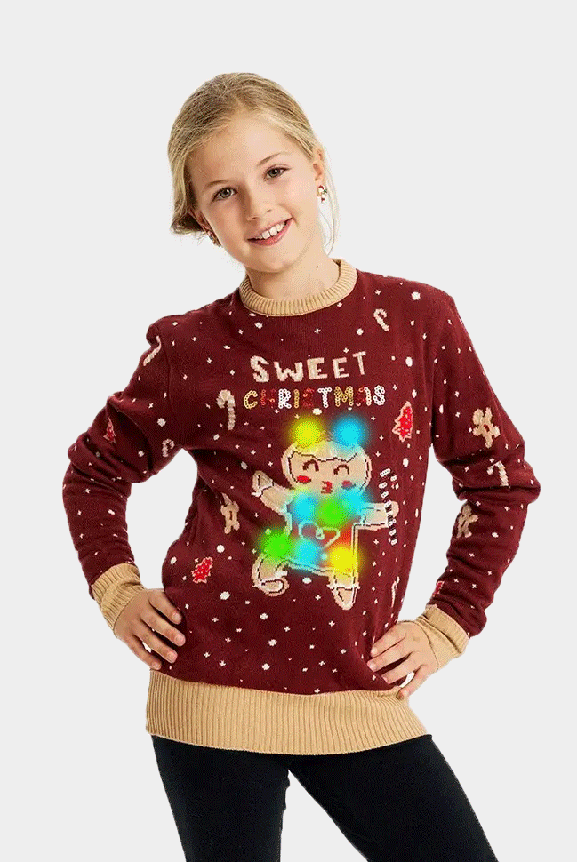 Jersey de Navidad con Luces LED para Familia Rojo Ginger Cookie niña