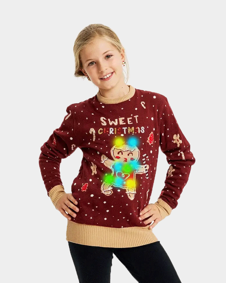 Jersey de Navidad con Luces LED para Familia Rojo Ginger Cookie niña