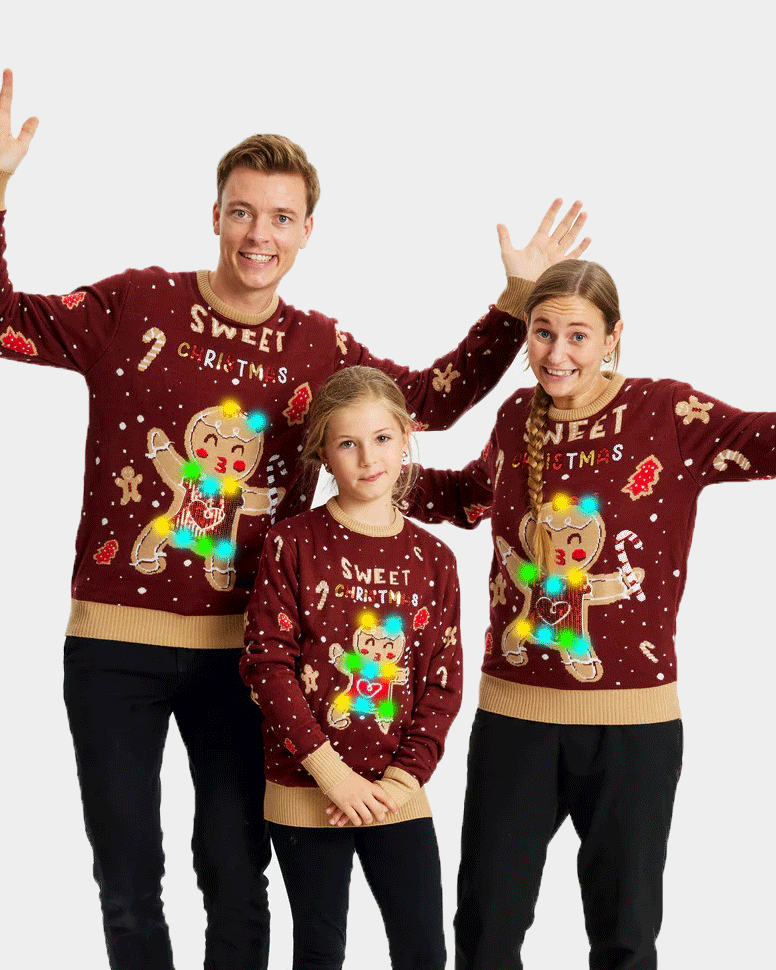 Jersey de Navidad con Luces LED para Familia Rojo Ginger Cookie
