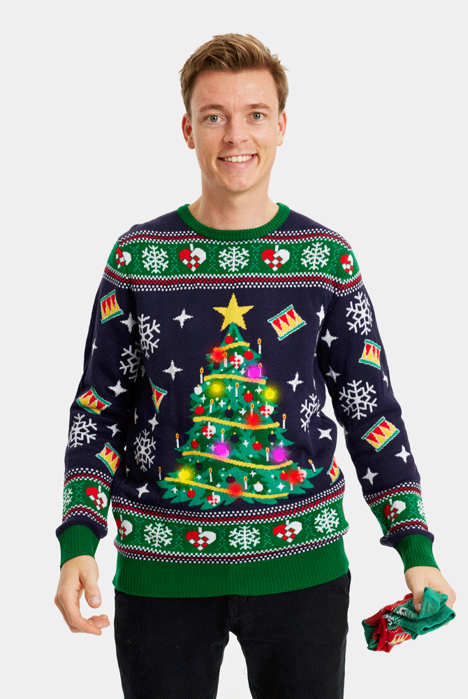 Árbol Navidad Jersey de Navidad con Luces LED Hombre Azul