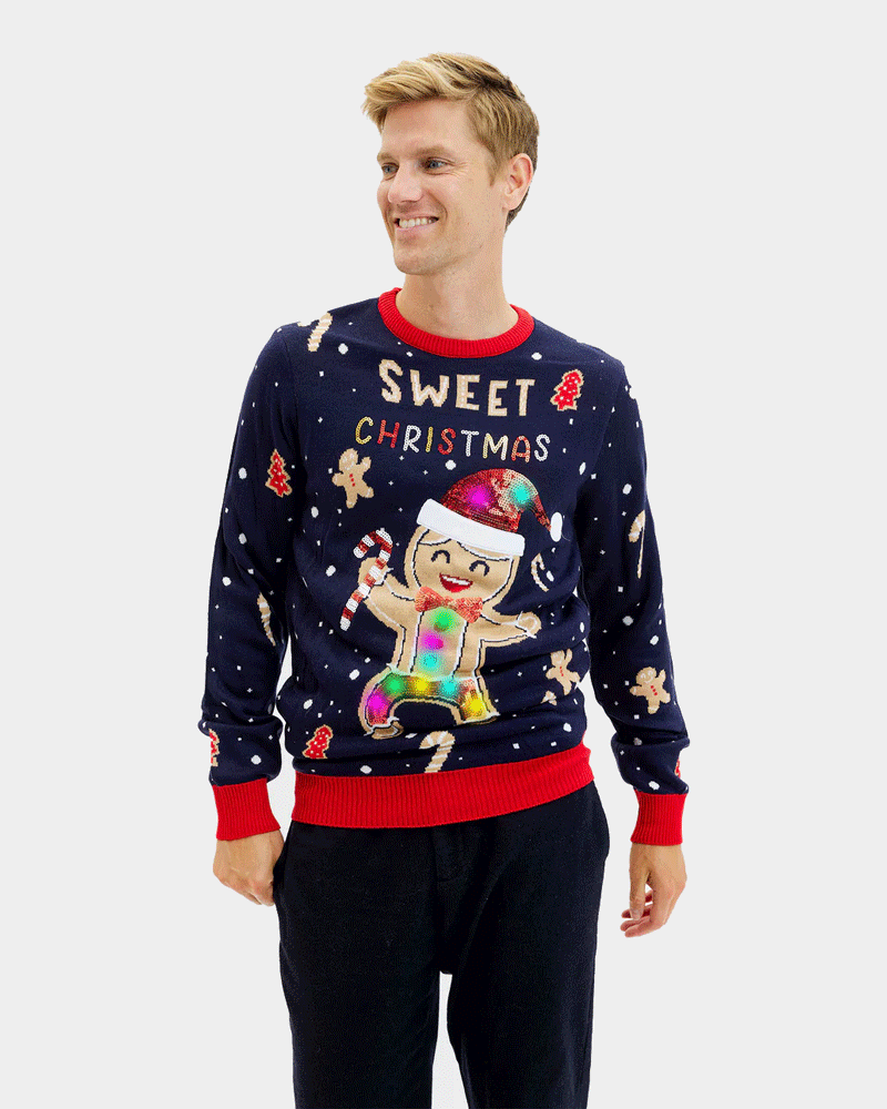 Jersey de Navidad con Luces LED para Hombre Azul Ginger Cookie