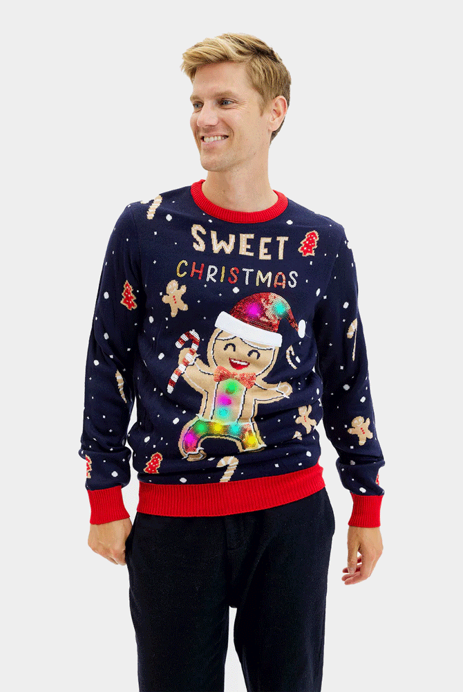 Jersey de Navidad con Luces LED para Hombre Azul Ginger Cookie