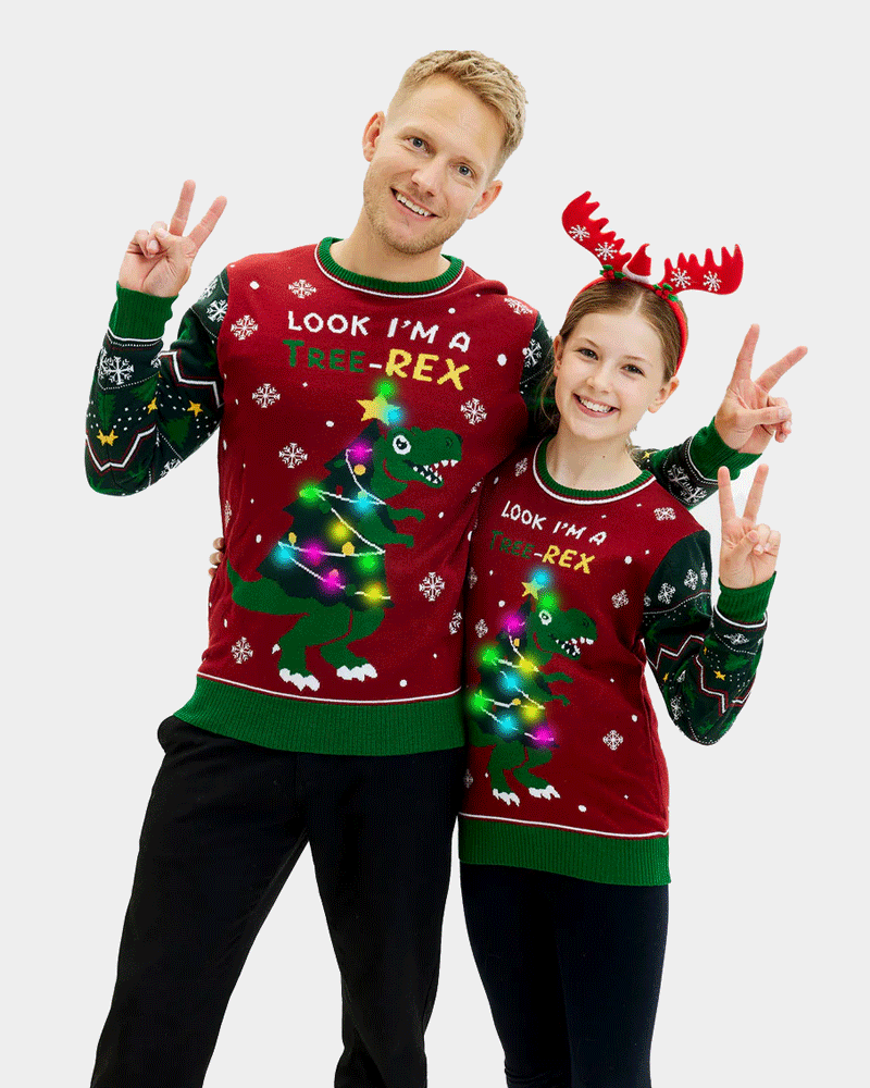 Jersey de Navidad Familia Luces LED para Hombre Christmas Tree-Rex