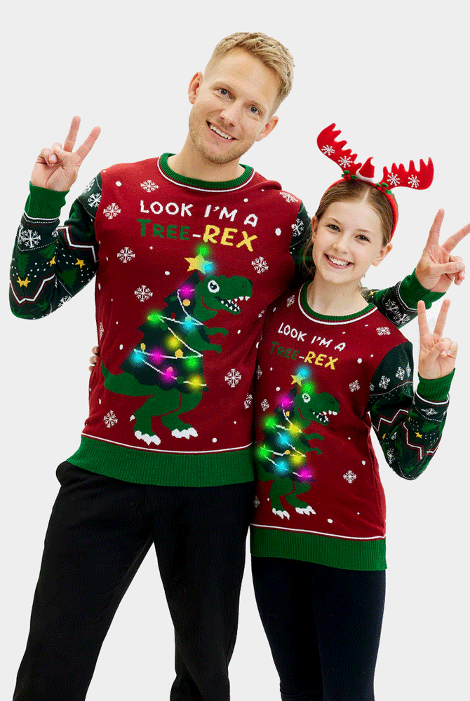 Jersey de Navidad Familia Luces LED para Hombre Christmas Tree-Rex