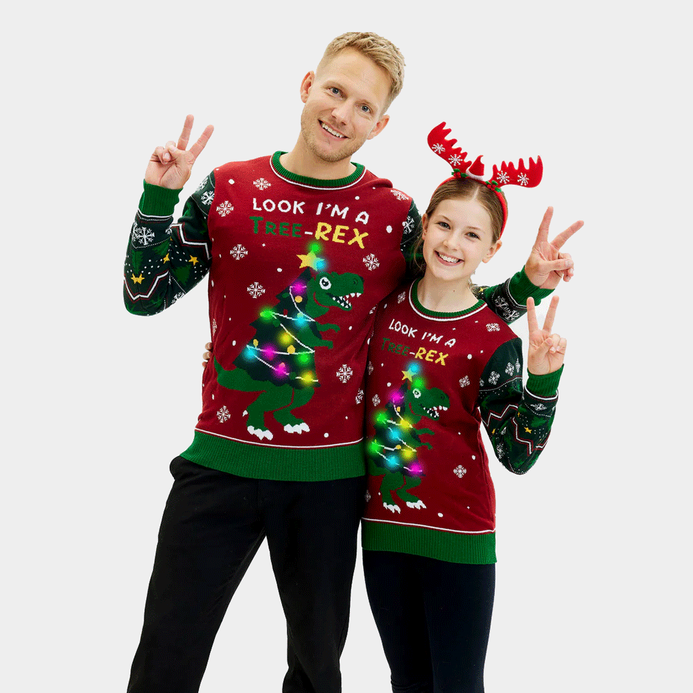 Jersey de Navidad Familia Luces LED para Hombre Christmas Tree-Rex