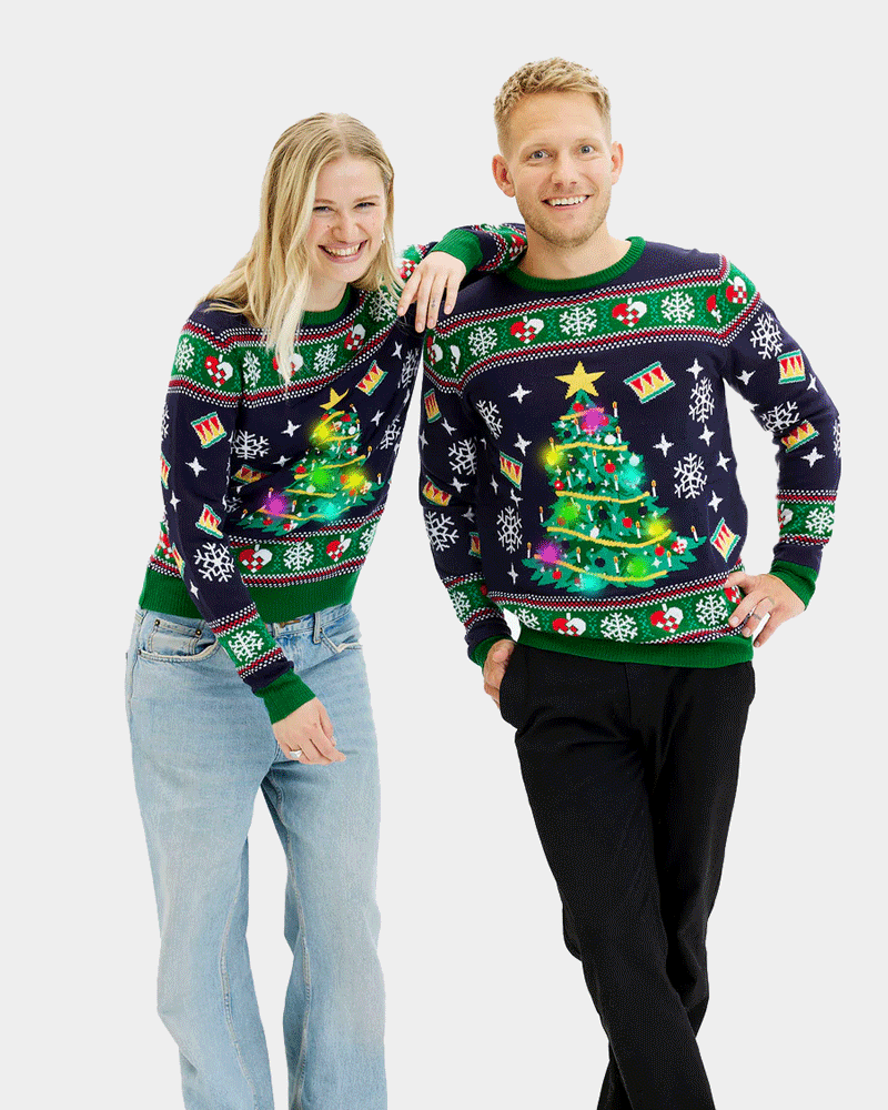 Jersey de Navidad con Luces LED Mujer Hombre Azul con Árbol Navidad