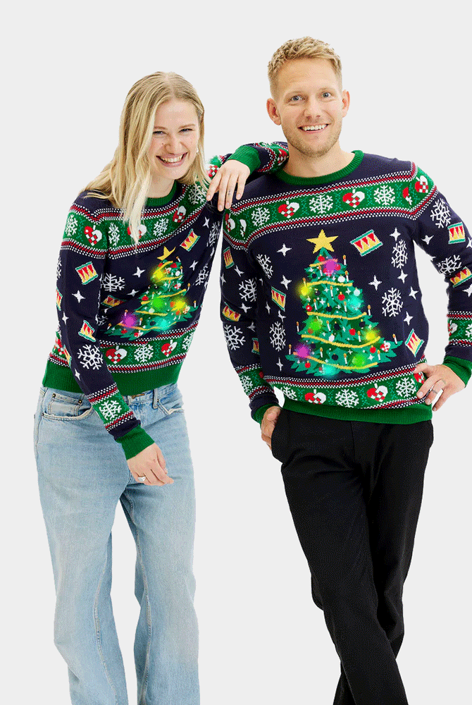 Jersey de Navidad con Luces LED Mujer Hombre Azul con Árbol Navidad