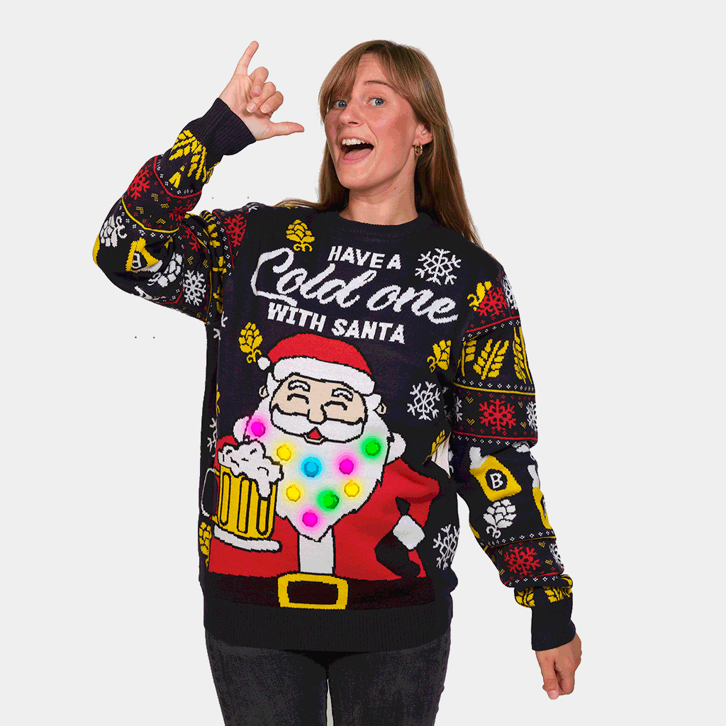 Jersey de Navidad con Luces LED Mujer Hombre Santa con Cerveza
