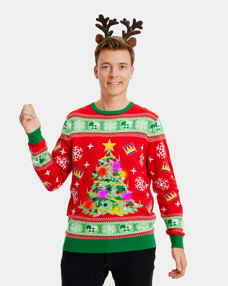 Árbol Navidad Jersey de Navidad con Luces LED para Hombre Rojo