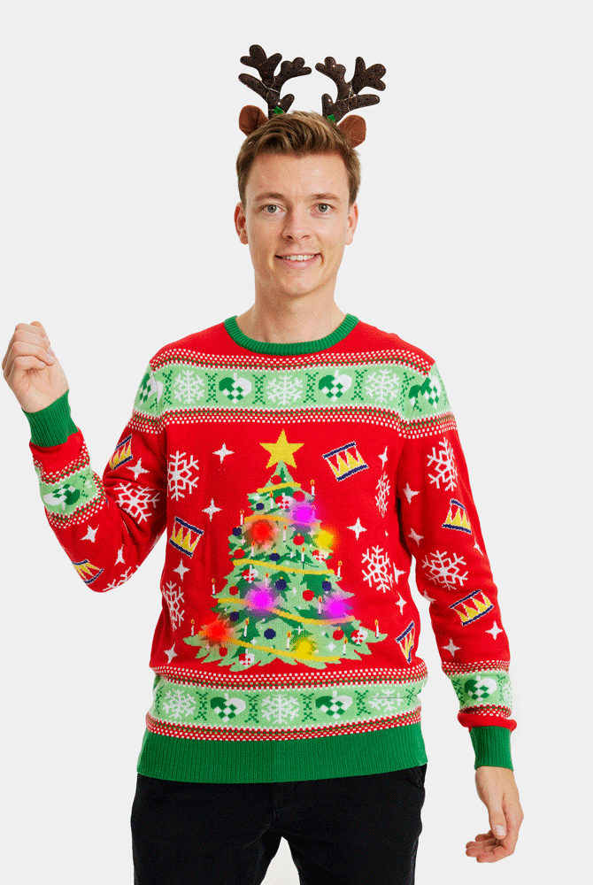 Árbol Navidad Jersey de Navidad con Luces LED para Hombre Rojo