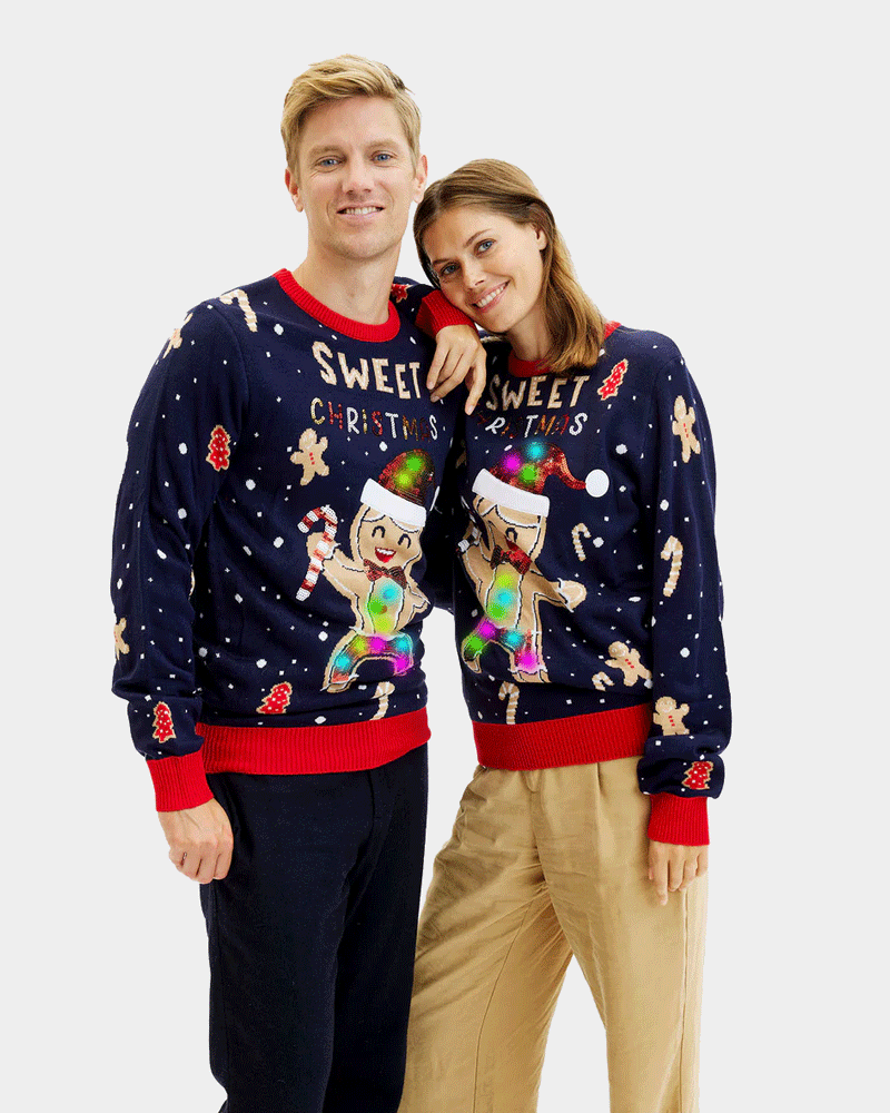 Jersey de Navidad Hombre Luces LED para Mujer Azul Ginger Cookie