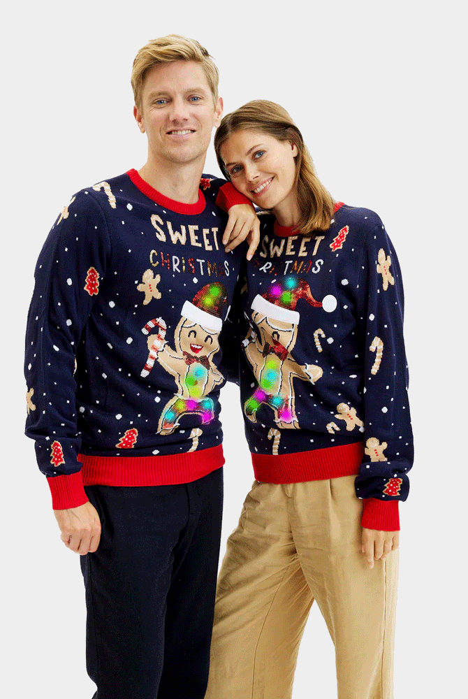 Jersey de Navidad Hombre Luces LED para Mujer Azul Ginger Cookie