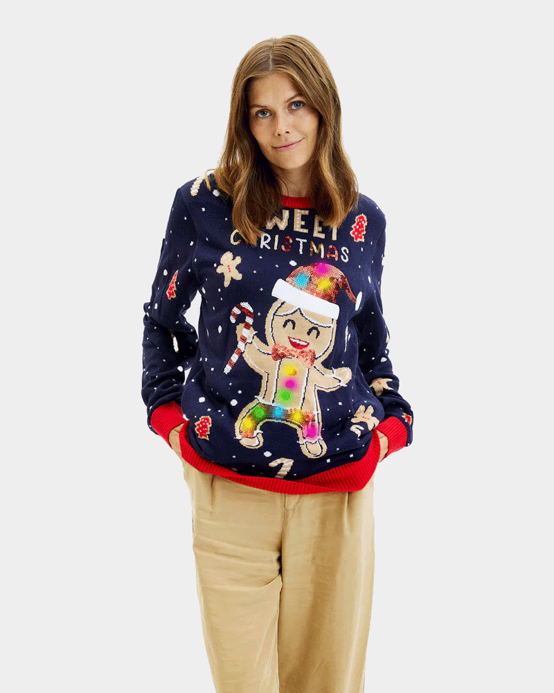 Jersey de Navidad con Luces LED para Mujer Azul Ginger Cookie