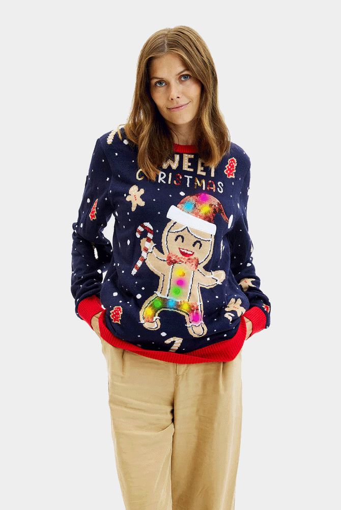 Jersey de Navidad con Luces LED para Mujer Azul Ginger Cookie