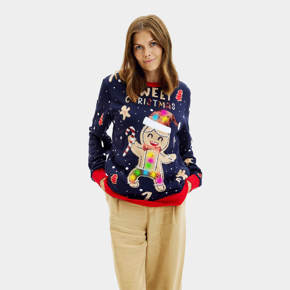 Jersey de Navidad con Luces LED para Mujer Azul Ginger Cookie