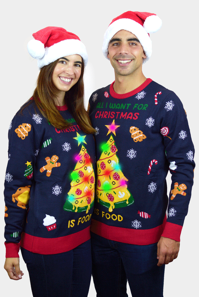 Jersey de Navidad con Luces LED para Mujer Christmas Food pareja