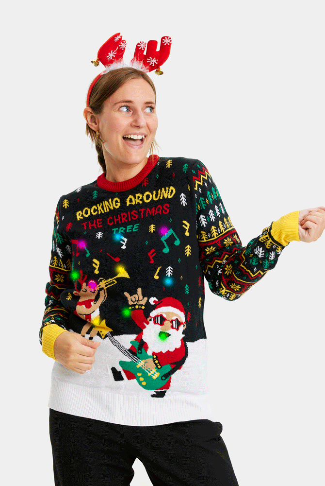 Jersey de Navidad con Luces LED Mujer Hombre Santa Rockero