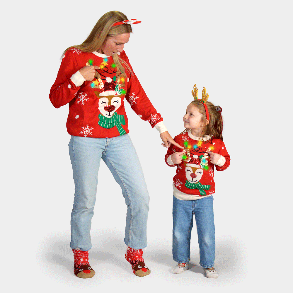 Jersey de Navidad Luces LED Mujer Reno Brillante Lentejuelas Familia