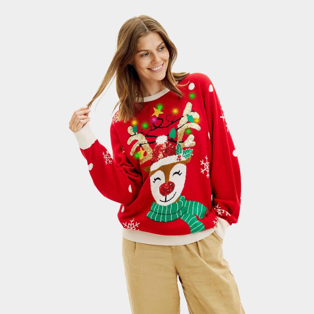 Jersey de Navidad Pareja Luces LED para mujer Reno Brillante con Lentejuelas