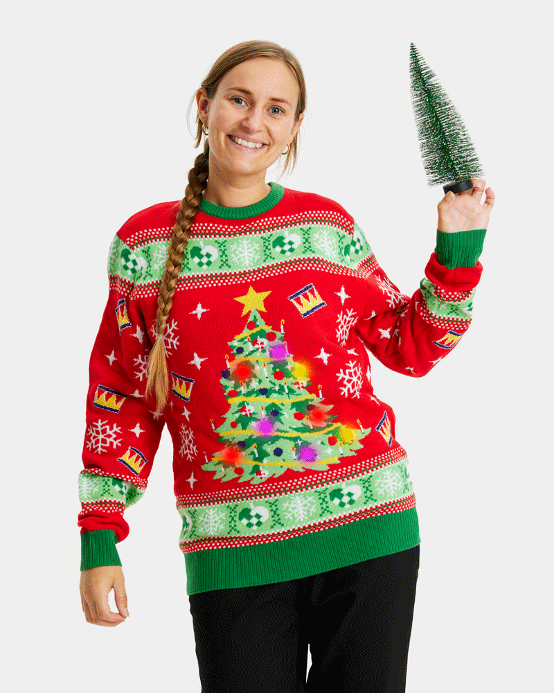 Árbol Navidad Jersey de Navidad con Luces LED para Mujer Rojo