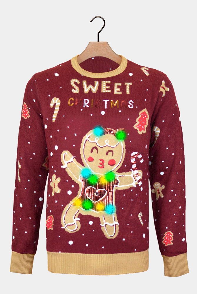 Jersey de Navidad con Luces LED para Mujer Rojo Ginger Cookie