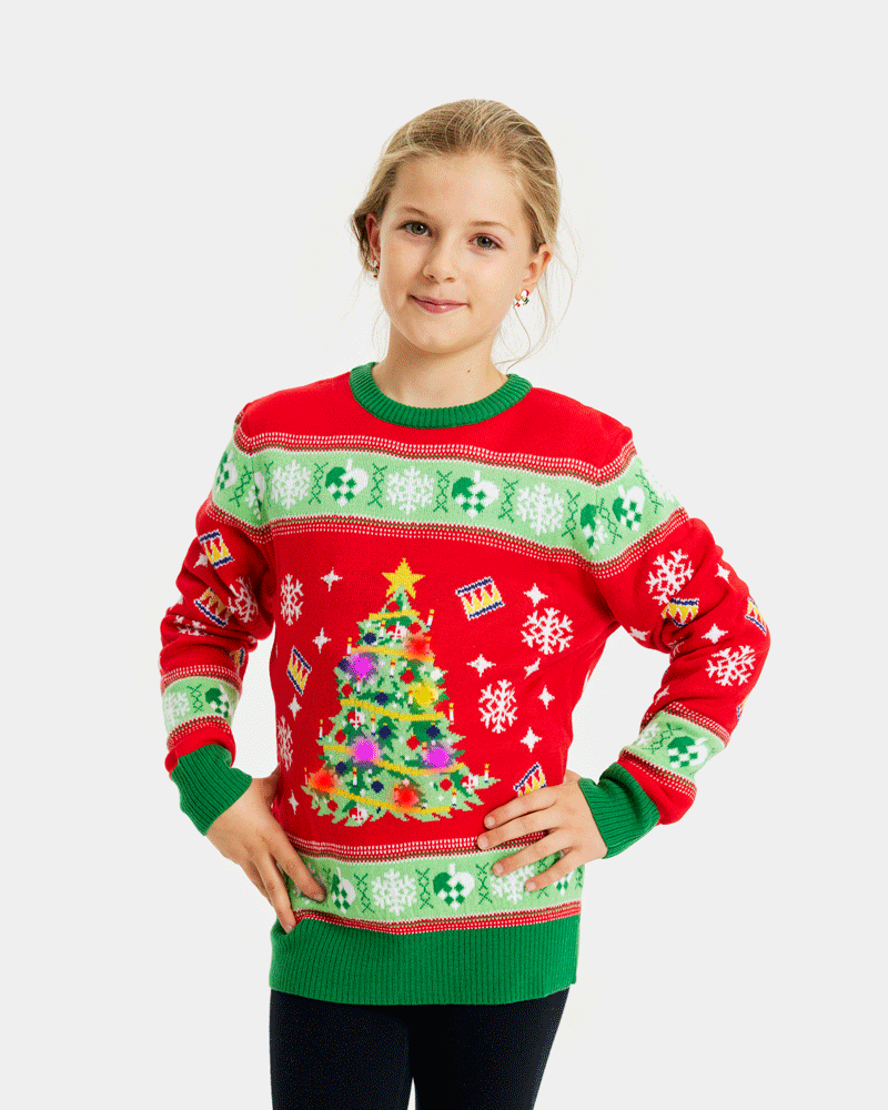 Niña Jersey de Navidad con Luces LED para Familia Rojo con Árbol Navidad