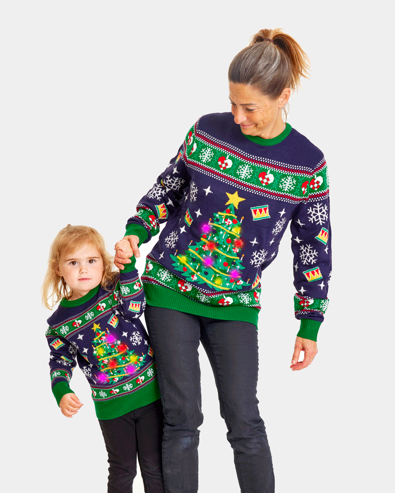 Jersey de Navidad con Luces LED Niña y mujer Azul con Árbol Navidad