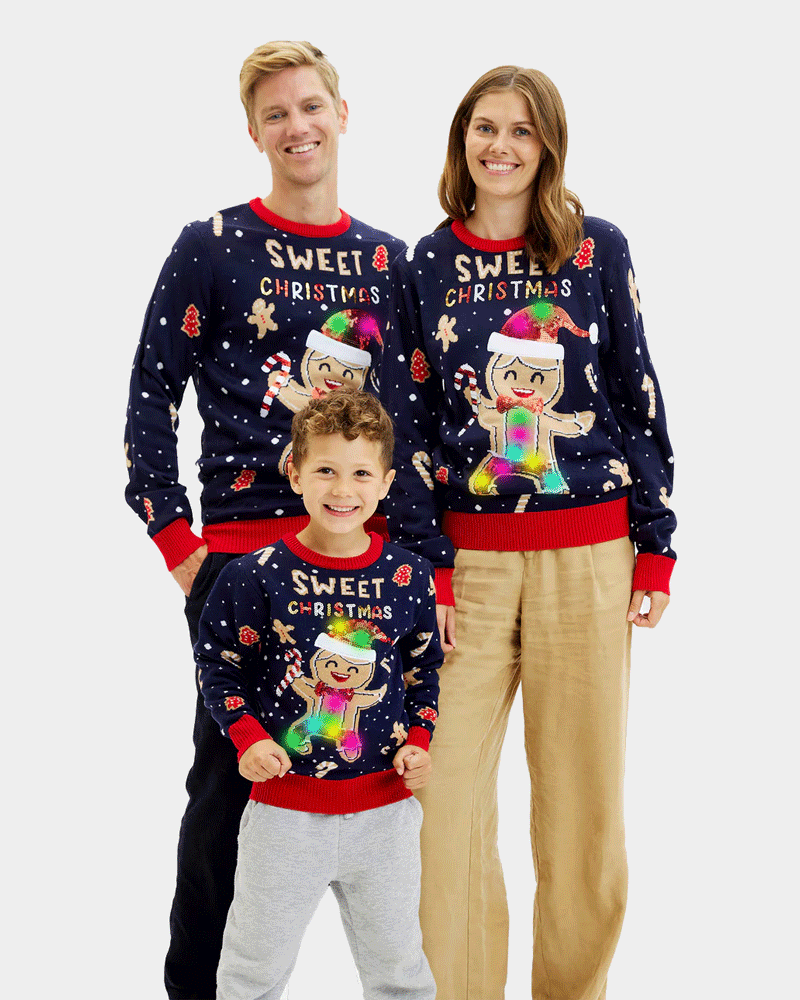 Jersey de Navidad Familia Luces LED Niña y Niño Azul Ginger Cookie