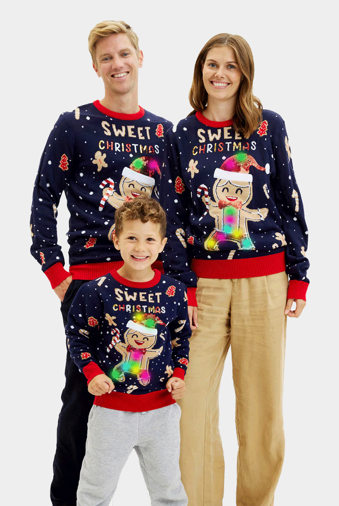 Jersey de Navidad Familia Luces LED Niña y Niño Azul Ginger Cookie