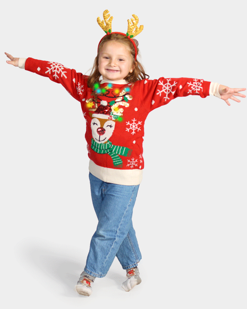 Jersey de Navidad Luces LED Niña Reno Brillante Lentejuelas