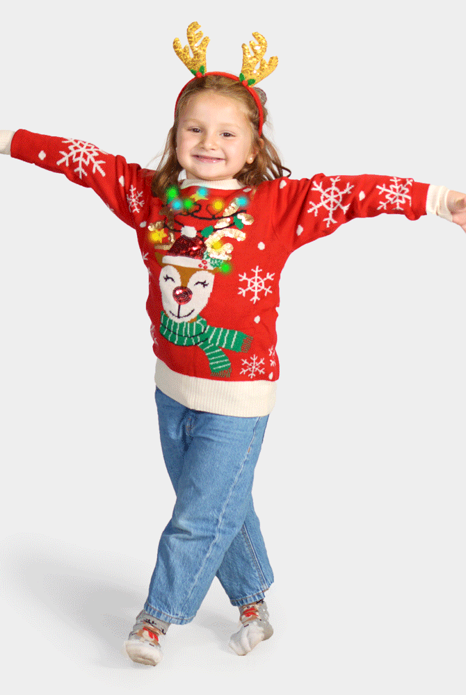 Jersey de Navidad Luces LED Niña Reno Brillante Lentejuelas