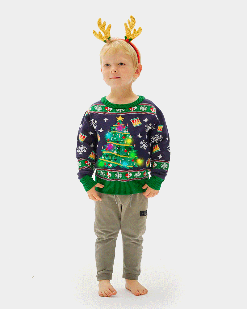 Jersey de Navidad con Luces LED Niño Azul con Árbol Navidad