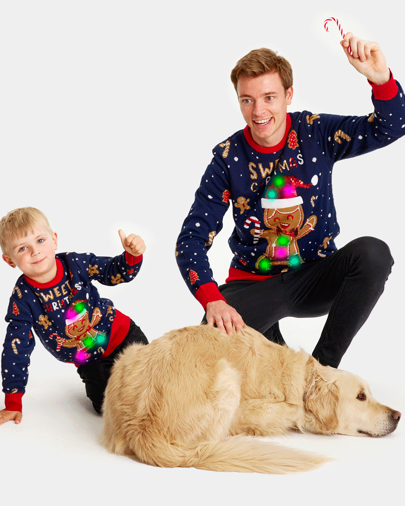 Jersey de Navidad con Luces LED hombre y Niño Azul Ginger Cookie