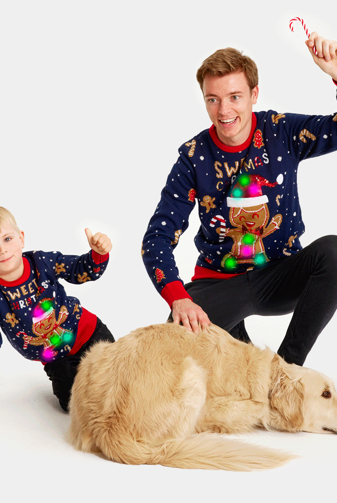 Jersey de Navidad con Luces LED hombre y Niño Azul Ginger Cookie