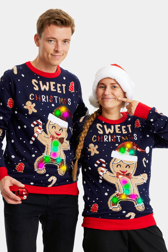Jersey de Navidad con Luces LED para Hombre Azul Ginger Cookie Y Mujer